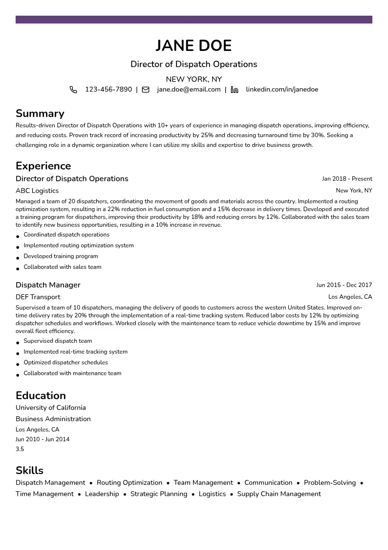 Director of Dispatch Operations resume example