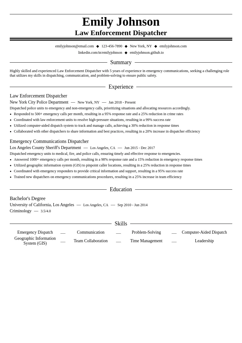 Law Enforcement Dispatcher resume example