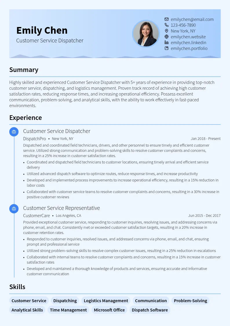 Customer Service Dispatcher resume example