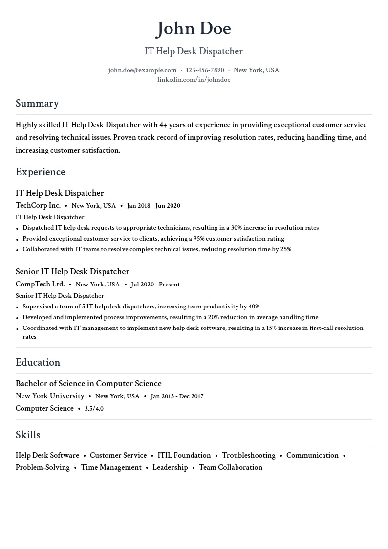 IT Help Desk Dispatcher resume example