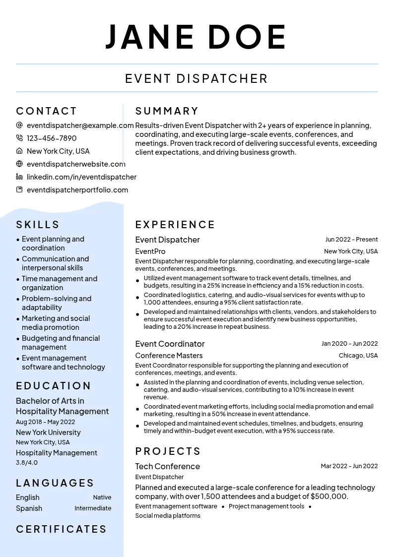 Event Dispatcher resume example