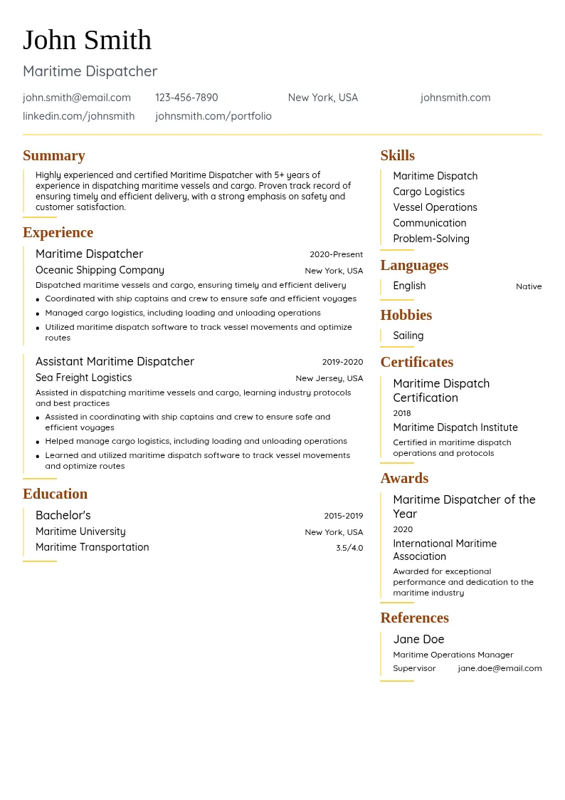 Maritime Dispatcher resume example