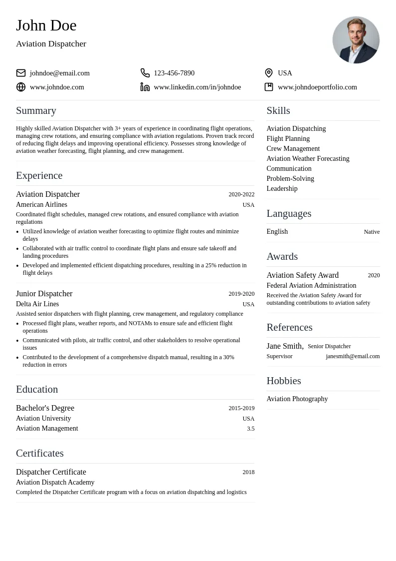 Aviation Dispatcher resume example