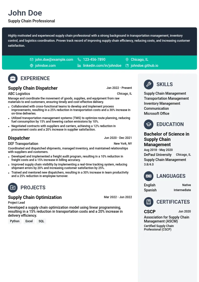 Supply Chain Dispatcher resume example