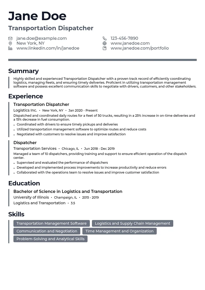 Transportation Dispatcher resume example