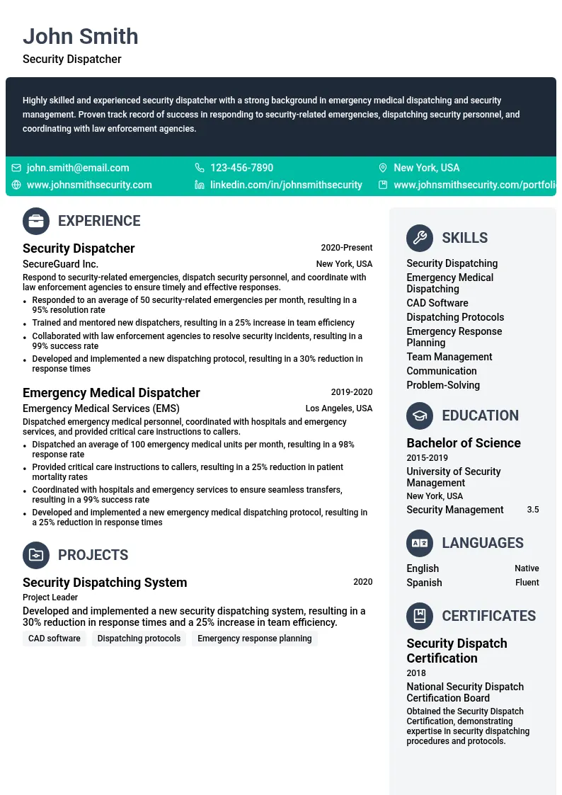 Security Dispatcher resume example