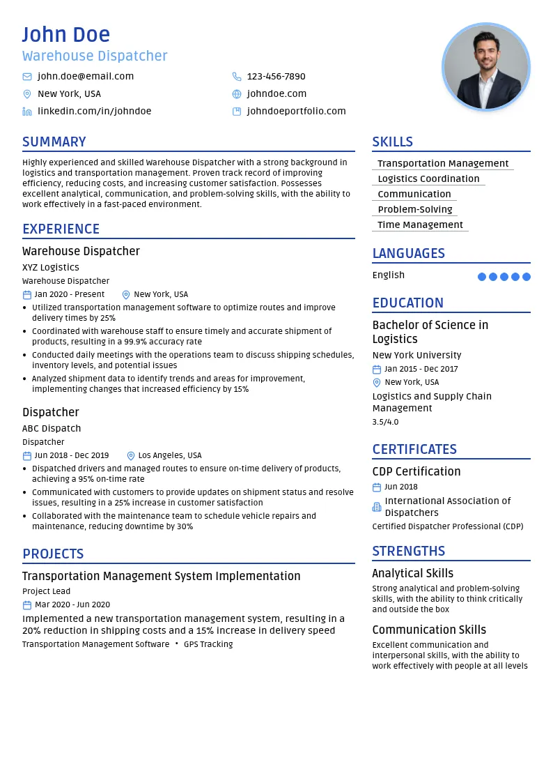 Warehouse Dispatcher resume example