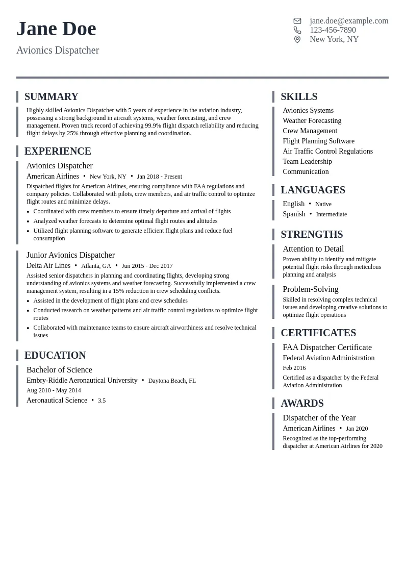 Avionics Dispatcher resume example
