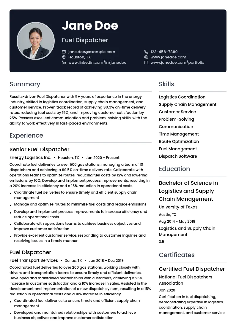 Fuel Dispatcher resume example