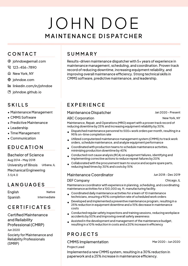 Maintenance Dispatcher resume example