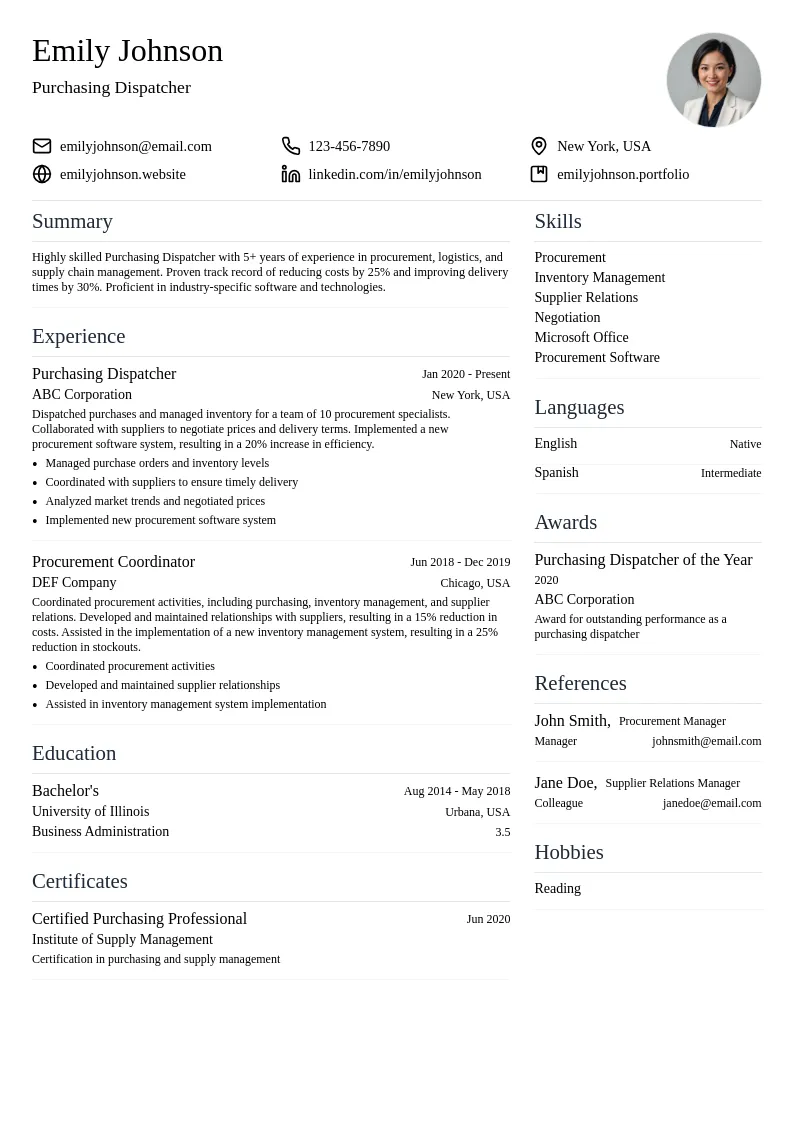 Purchasing Dispatcher resume example