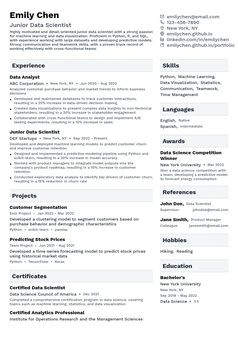 Junior Data Scientist resume example