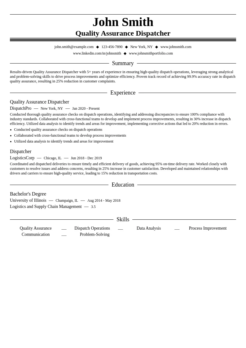 Quality Assurance Dispatcher resume example