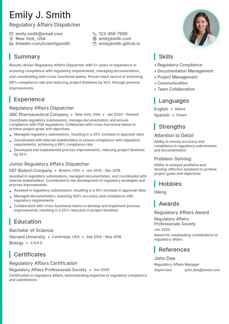 Regulatory Affairs Dispatcher resume example