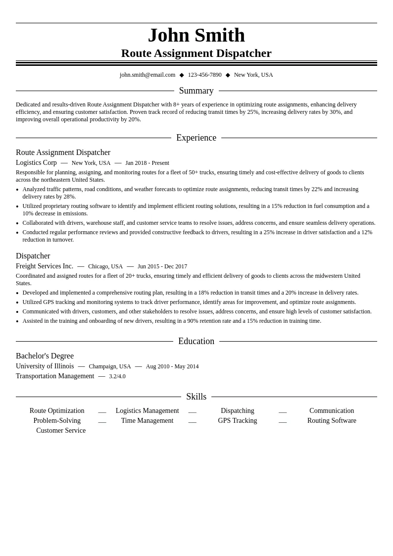 Route Assignment Dispatcher resume example