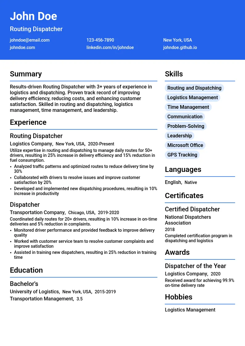 Routing Dispatcher resume example