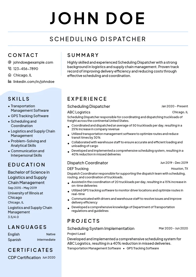 Scheduling Dispatcher resume example