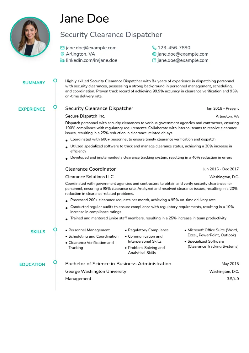 Security Clearance Dispatcher resume example