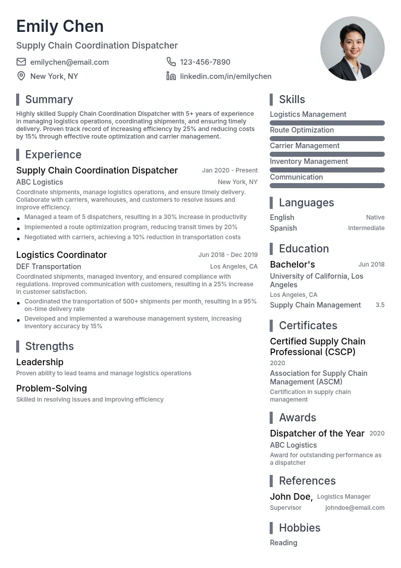 Supply Chain Coordination Dispatcher resume example
