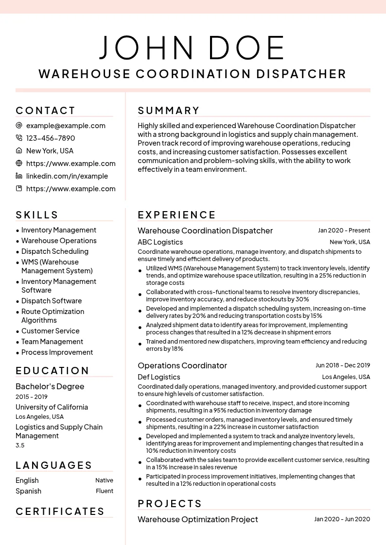 Warehouse Coordination Dispatcher resume example