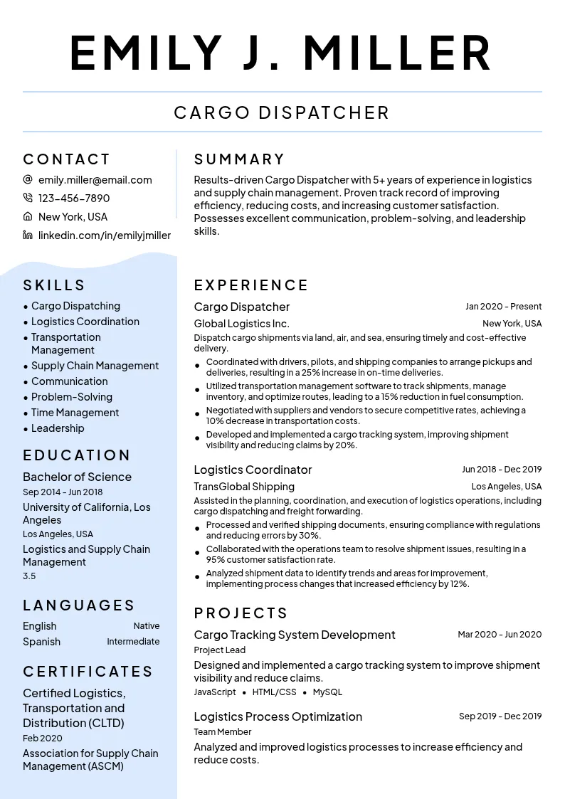 Cargo Dispatcher resume example