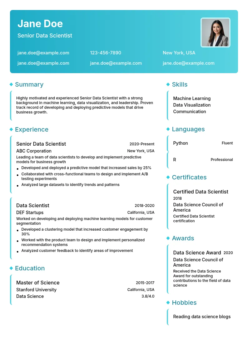 Senior Data Scientist resume example