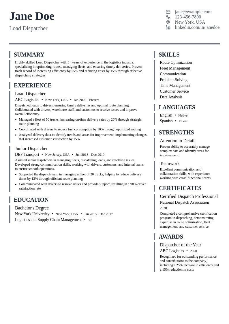 Load Dispatcher resume example