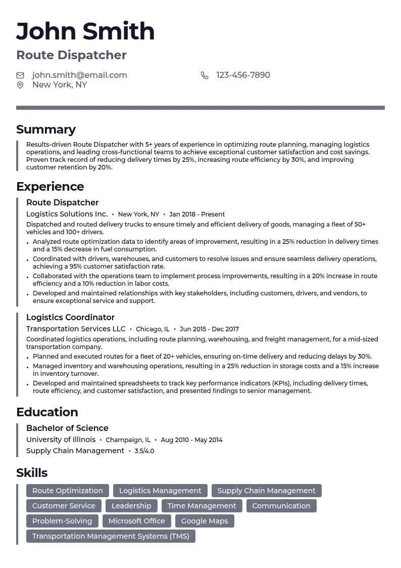 Route Dispatcher resume example