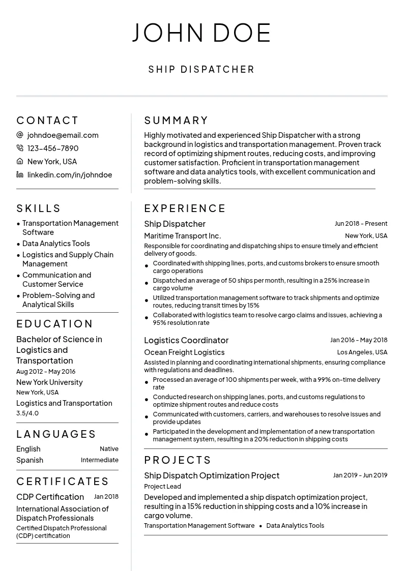 Ship Dispatcher resume example