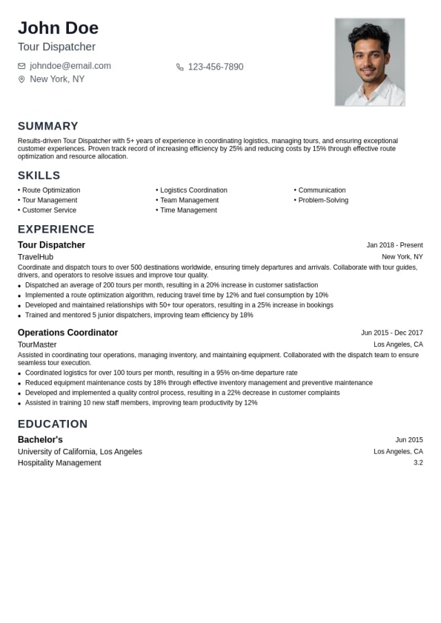 Tour Dispatcher resume example
