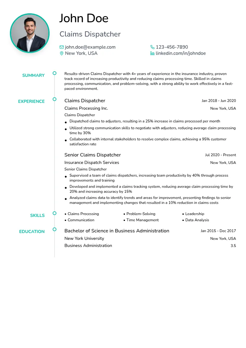 Claims Dispatcher resume example