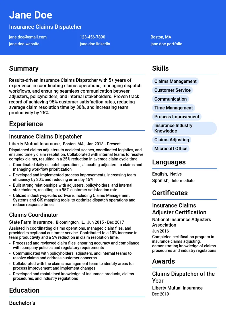 Insurance Claims Dispatcher resume example