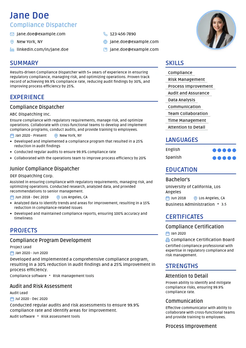 Compliance Dispatcher resume example