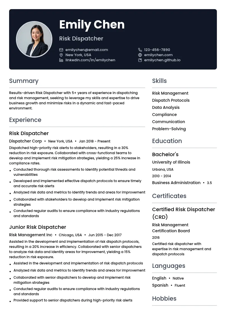 Risk Dispatcher resume example