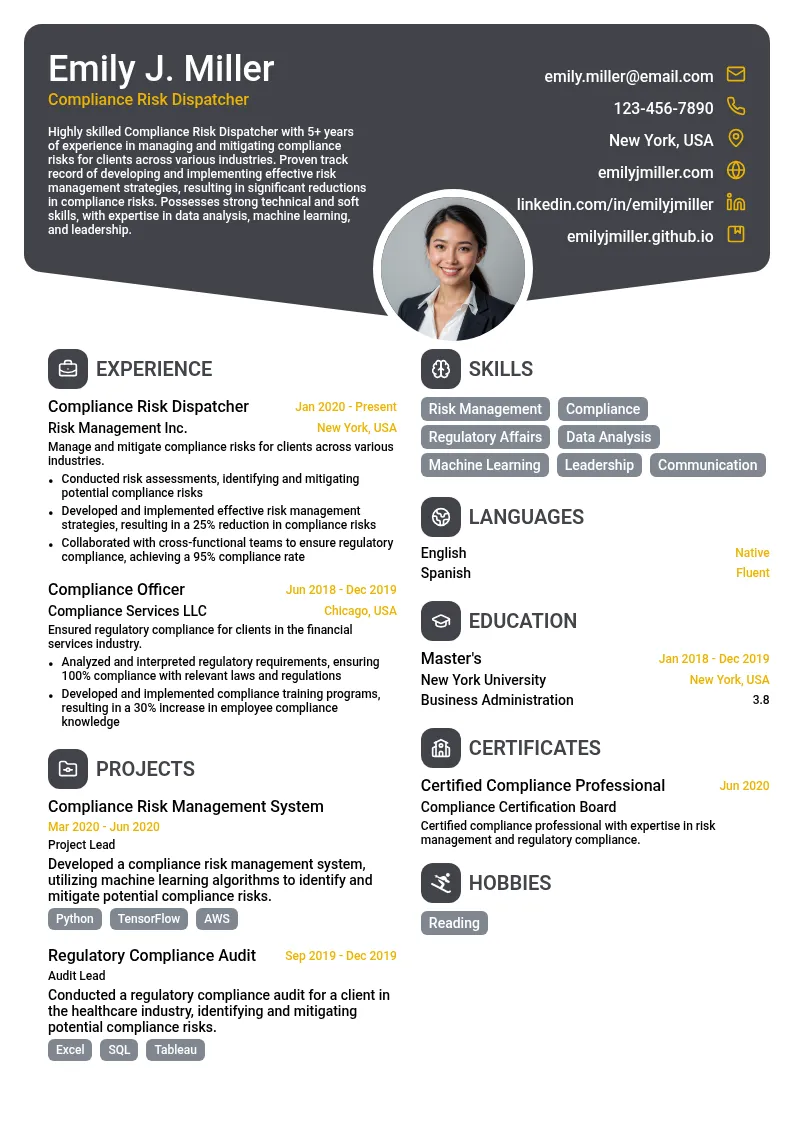 Compliance Risk Dispatcher resume example