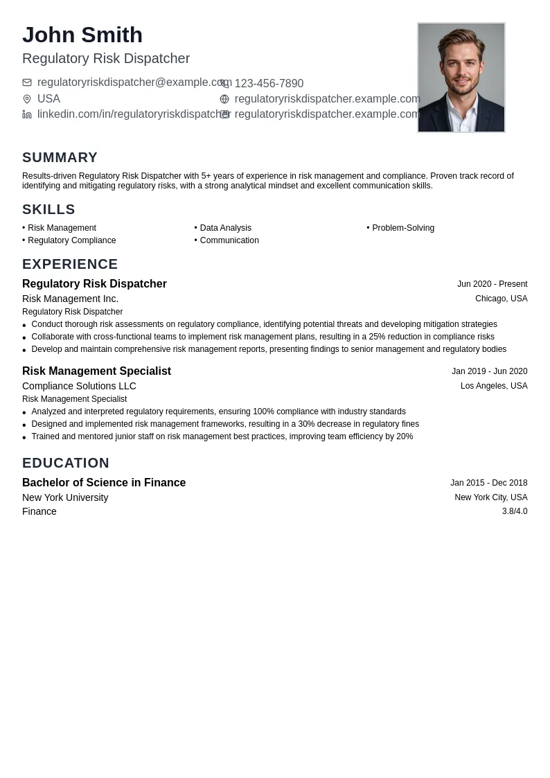 Regulatory Risk Dispatcher resume example