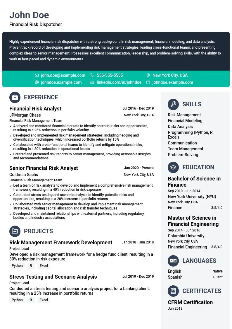Financial Risk Dispatcher resume example