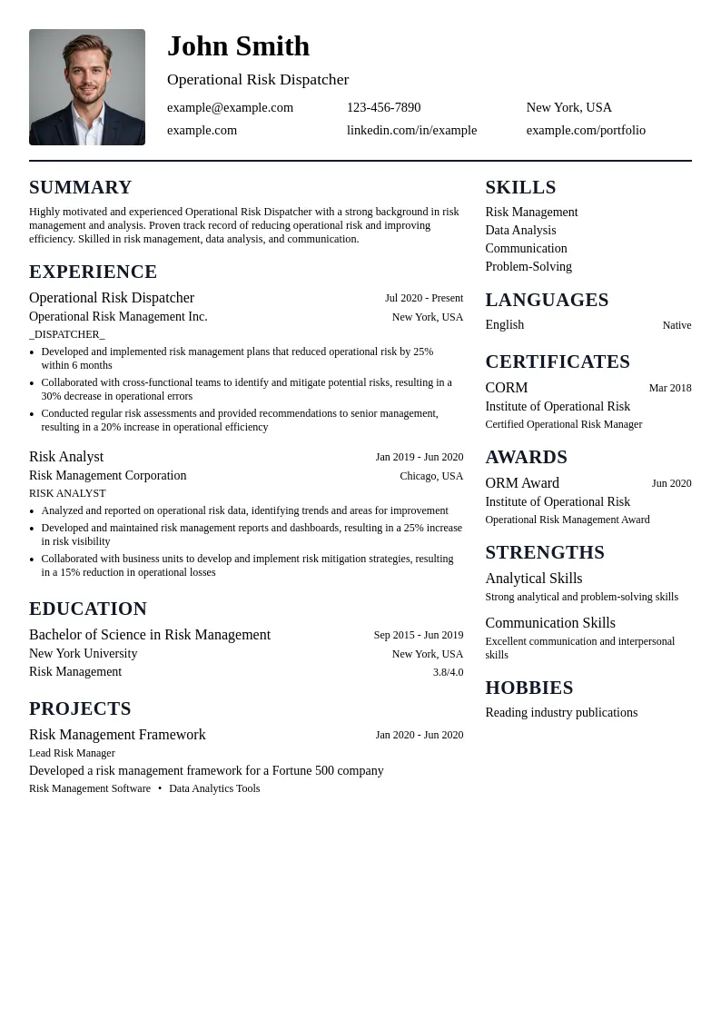 Operational Risk Dispatcher resume example