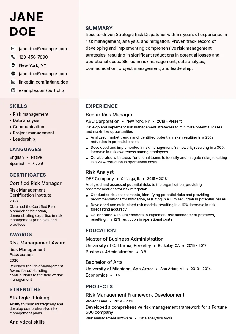 Strategic Risk Dispatcher resume example