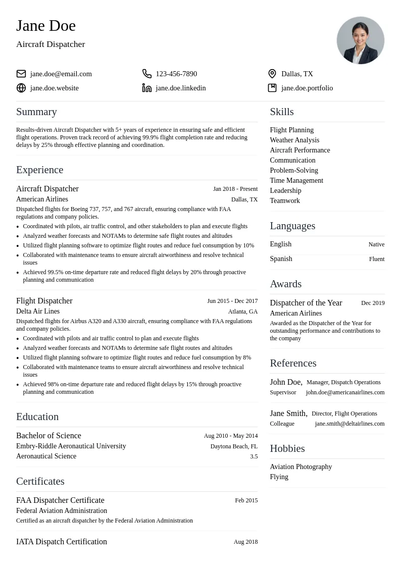 Aircraft Dispatcher resume example