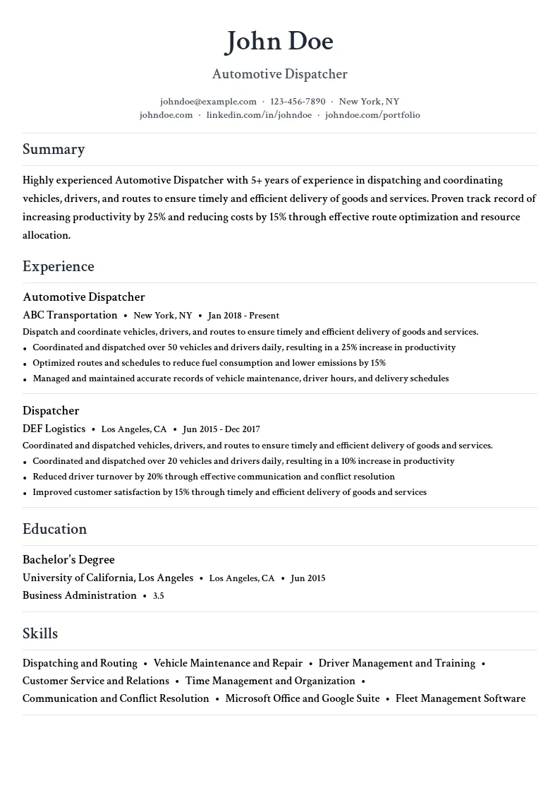 Automotive Dispatcher resume example