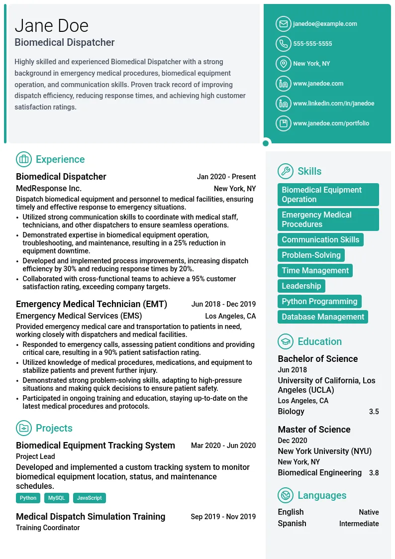 Biomedical Dispatcher resume example
