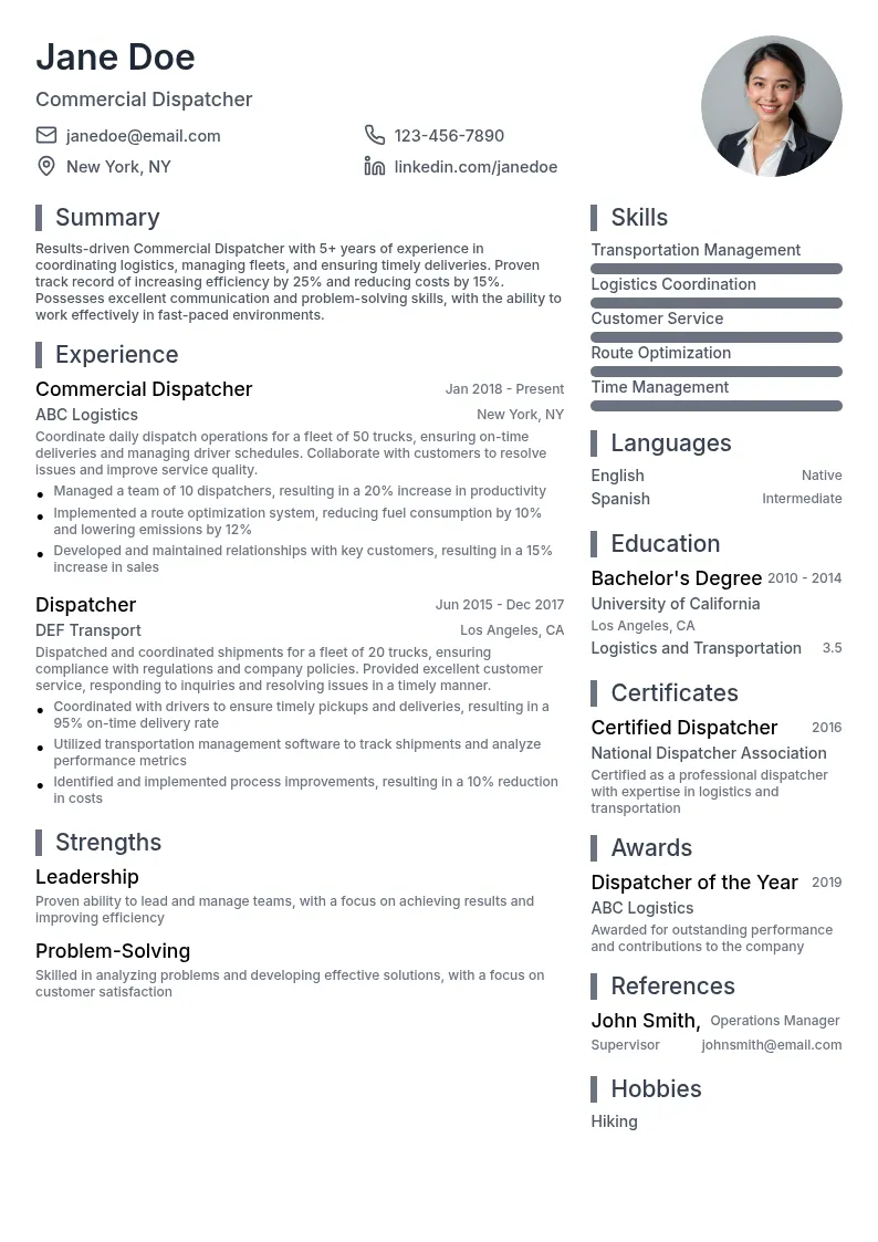 Commercial Dispatcher resume example