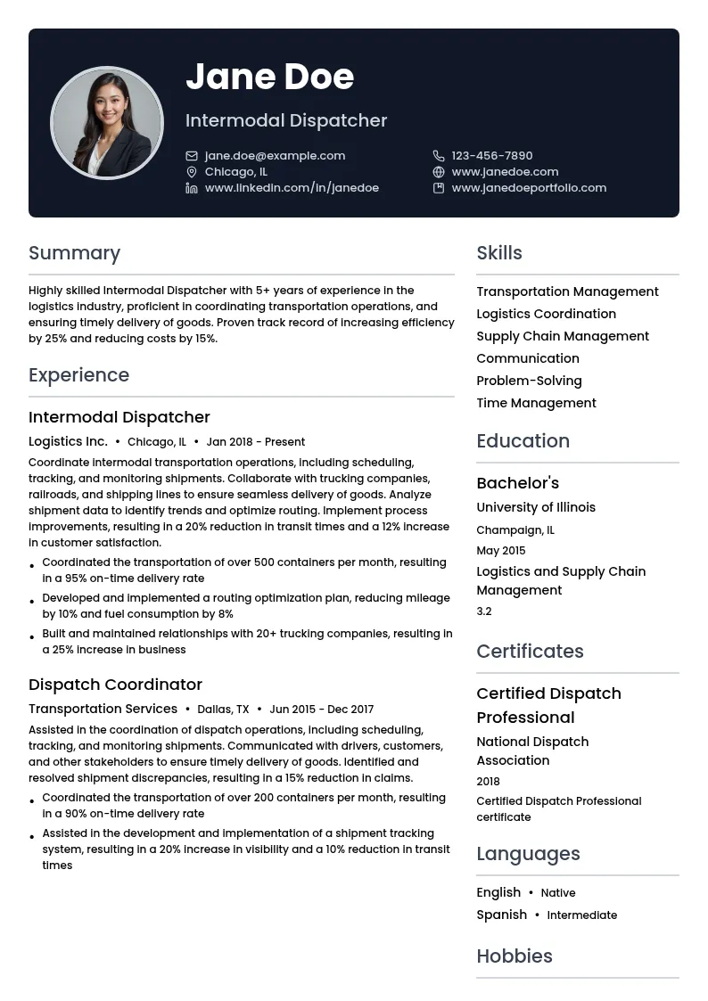 Intermodal Dispatcher resume example