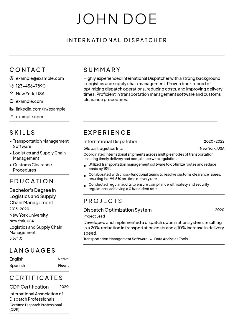 International Dispatcher resume example