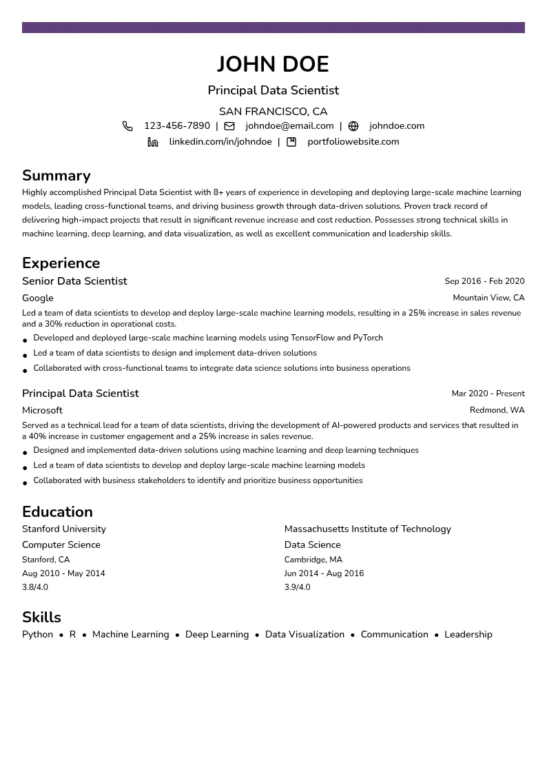 Principal Data Scientist resume example