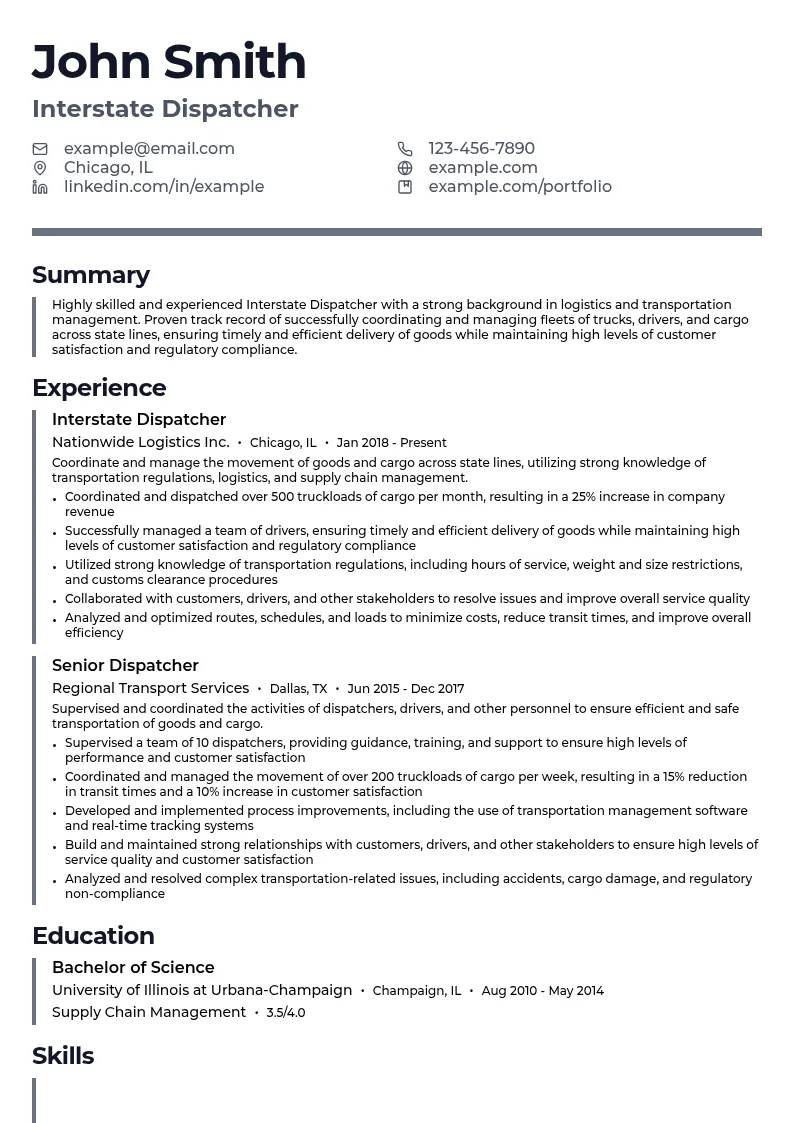 Interstate Dispatcher resume example