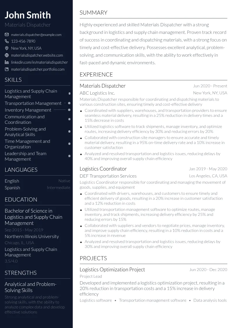 Materials Dispatcher resume example