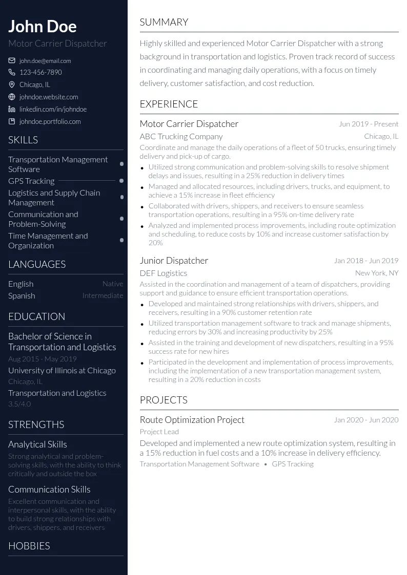 Motor Carrier Dispatcher resume example