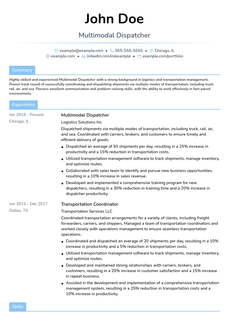 Multimodal Dispatcher resume example